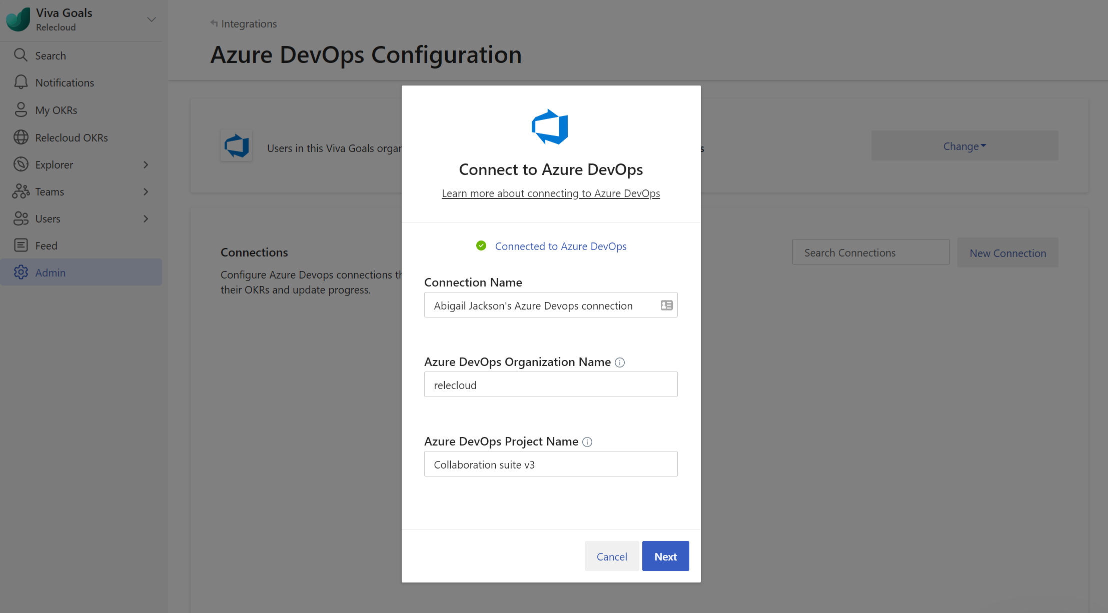 Screenshot shows where you fill in details for a new Azure DevOps connection in Viva goals.