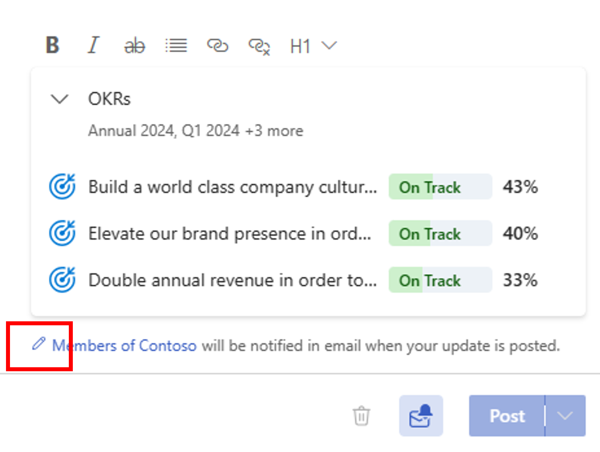 Screenshot that highlights the Edit icon underneath the goal list leading up to the posting of an update.