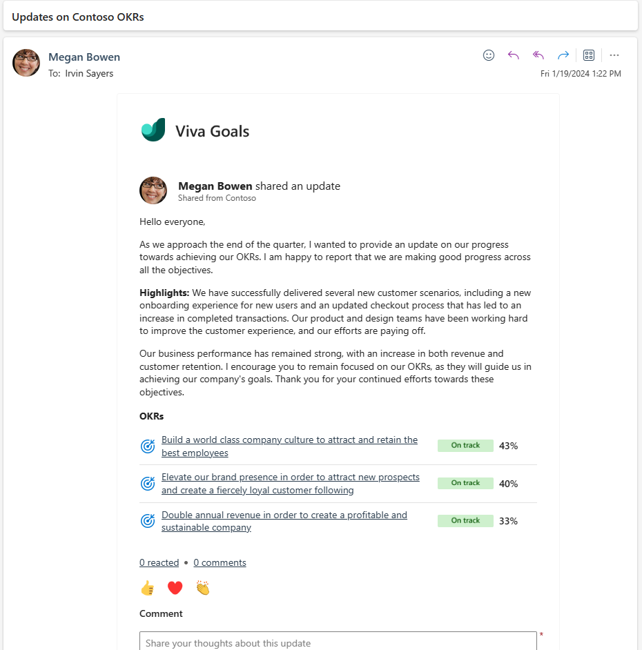 Screenshot that shows an example email for an example update, including the sender, the text, relevant OKRs, and commenting and reacting features.
