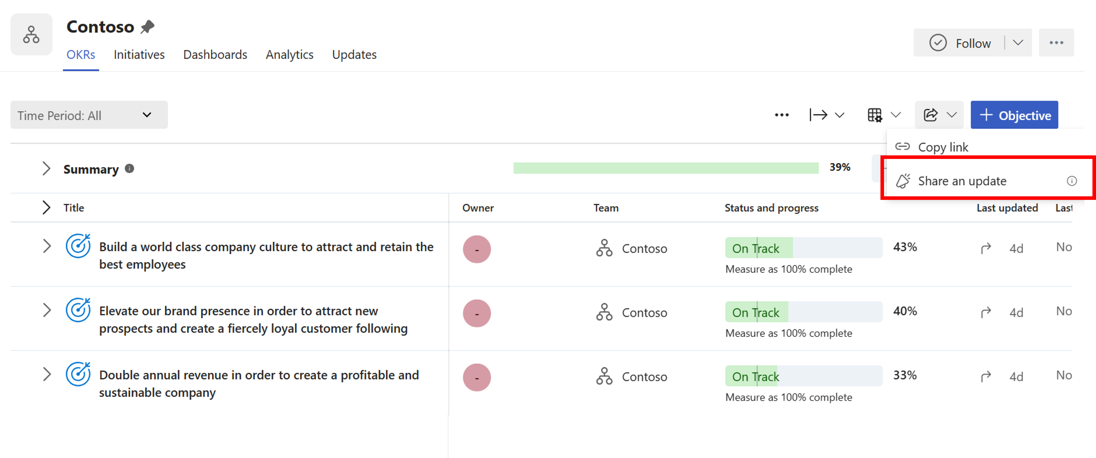 Screenshot that shows the Share an update option under the Share menu in the team dashboard.