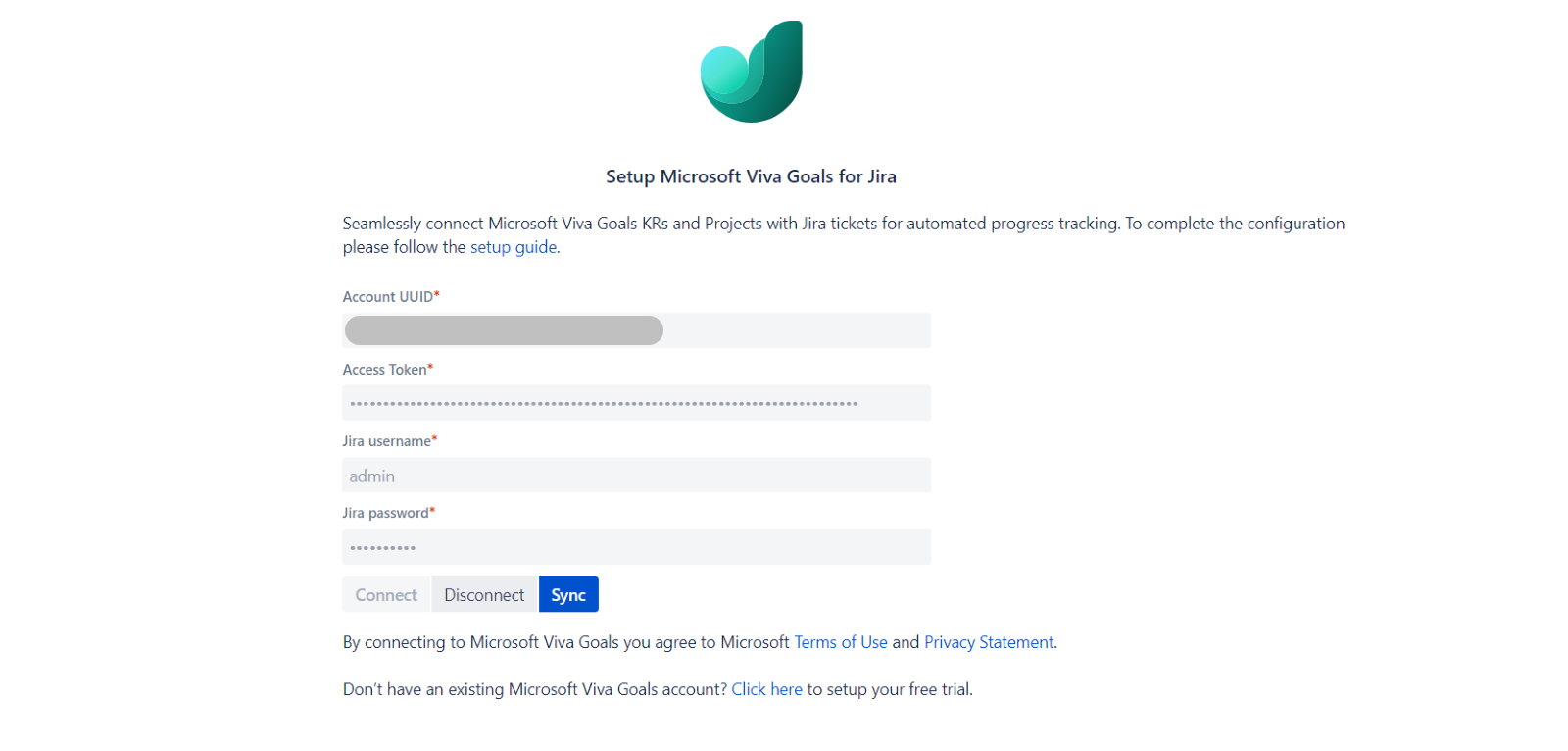 Screenshot showing the Setup Microsoft Viva Goals for Jira page.