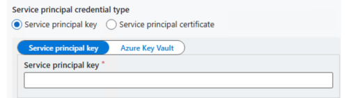 Screenshot that shows how to enter the service principal key.