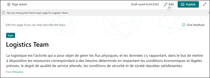 Screenshot showing the edit option in the Multilingual topic page.