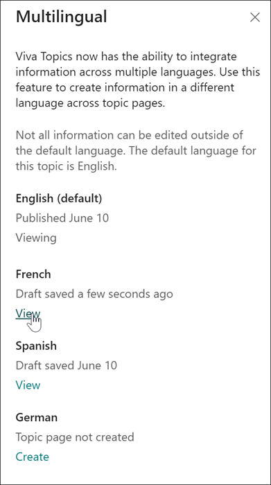 Screenshot showing the Multilingual panel and the option to view the new language page.