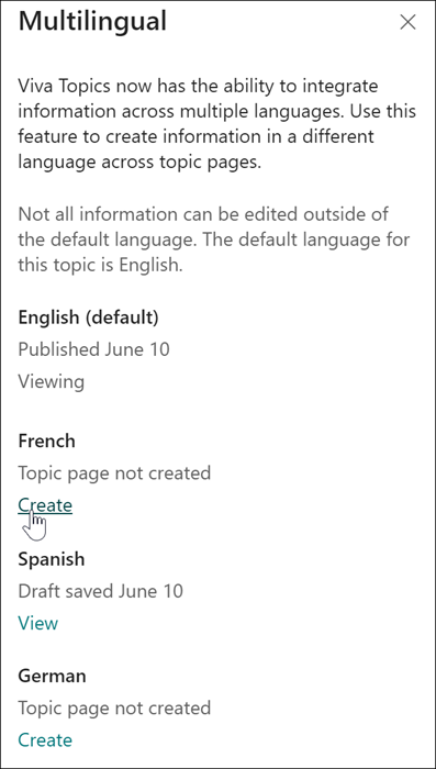 Screenshot showing the Multilingual panel from the topic page.