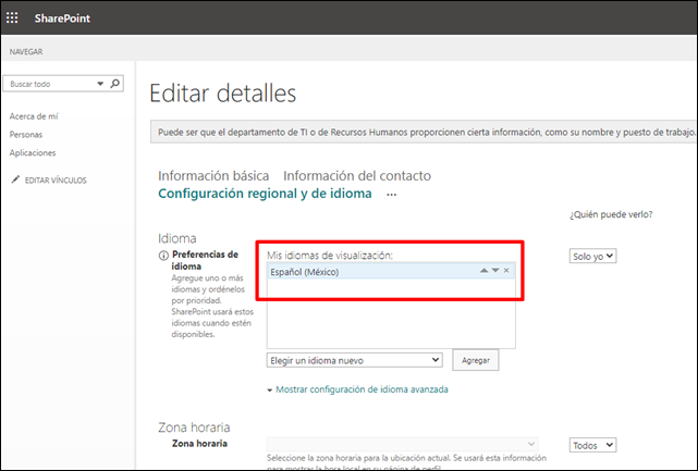 Screenshot showing Spanish language settings in SharePoint.