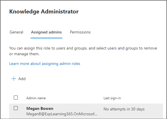Roles page in the Microsoft 365 admin center showing the Knowledge Administrator panel to add a user.