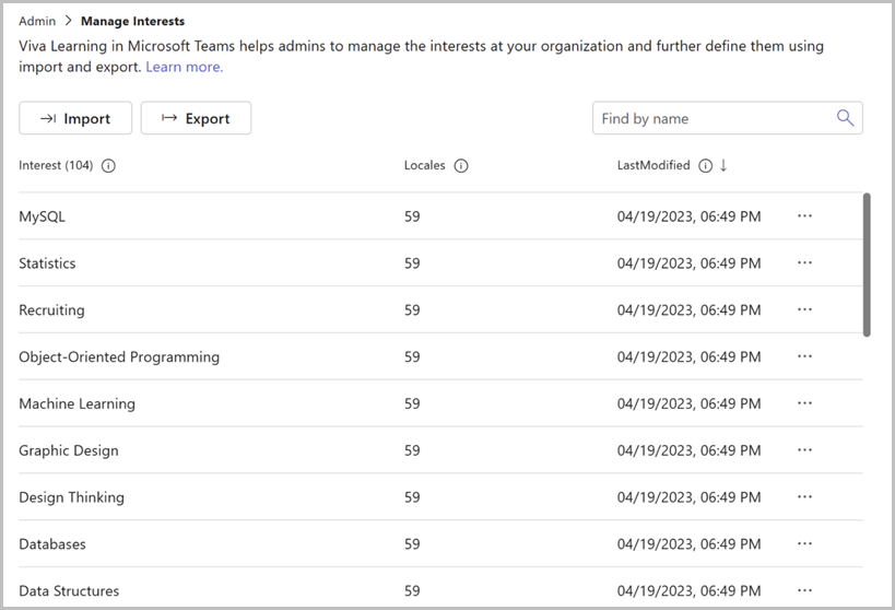 An image of the manage interests page displaying interests, locales, and a last modified timestamp