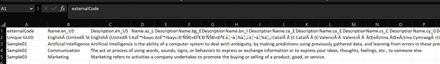 Image of the Viva Learning template CSV file with the key interests data
