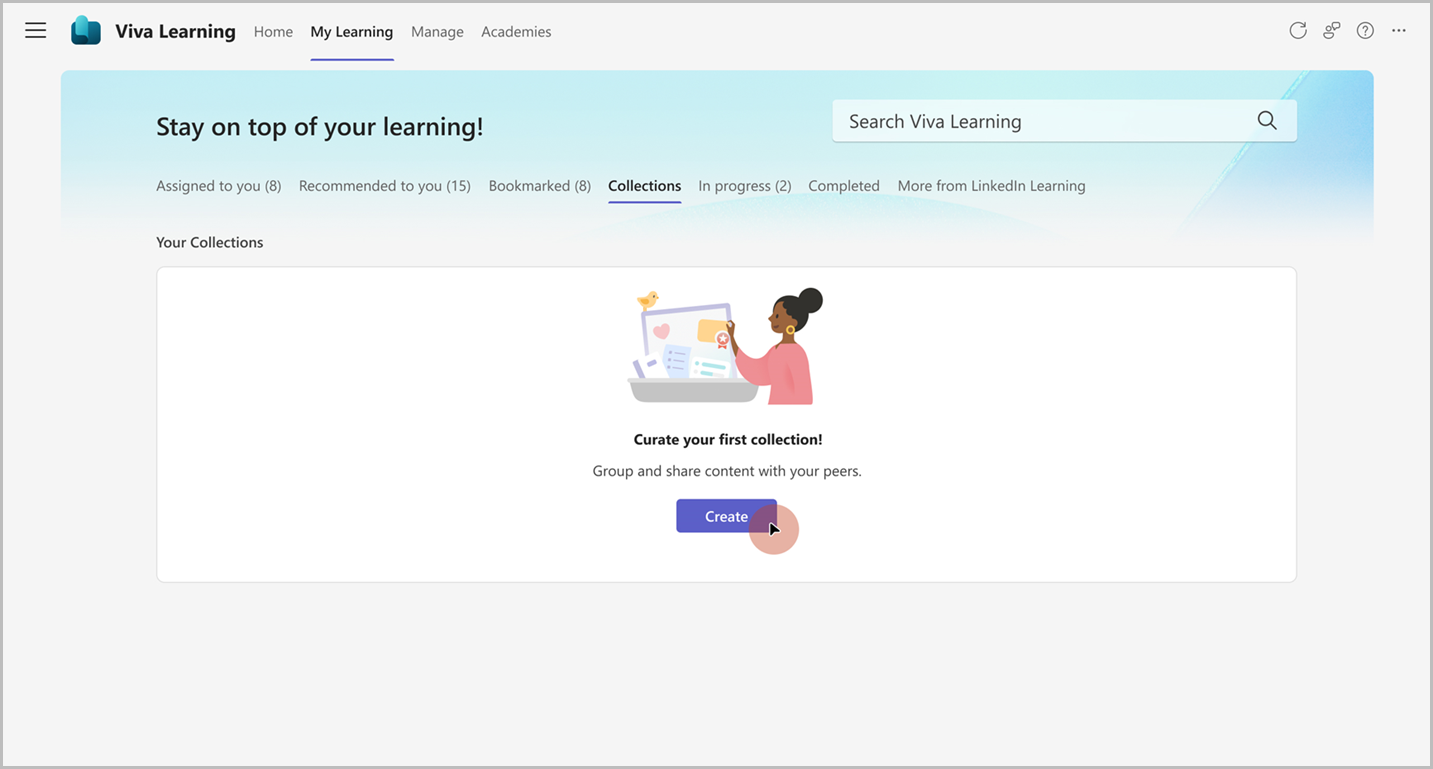 Image of the learning collections landing page with the option to create a collection highlighted.
