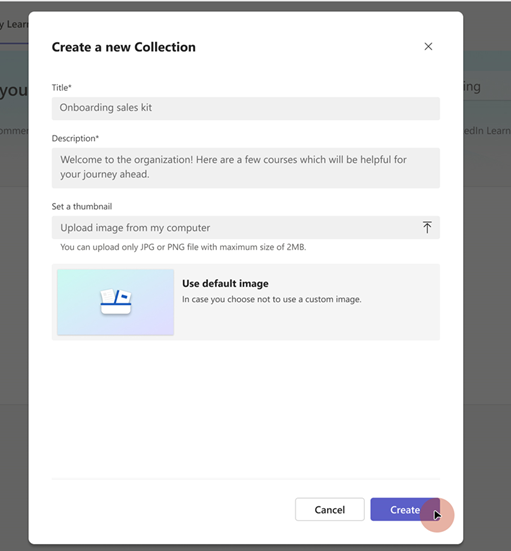 Image of the create a new collection popup, where you can enter a title, description, and thumbnail.