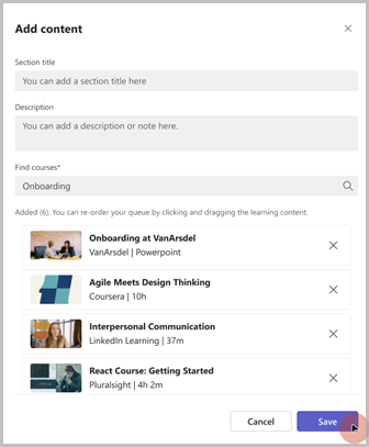 Image of the add content popup where you an fill in a section title, description, and search for relevant learning content
