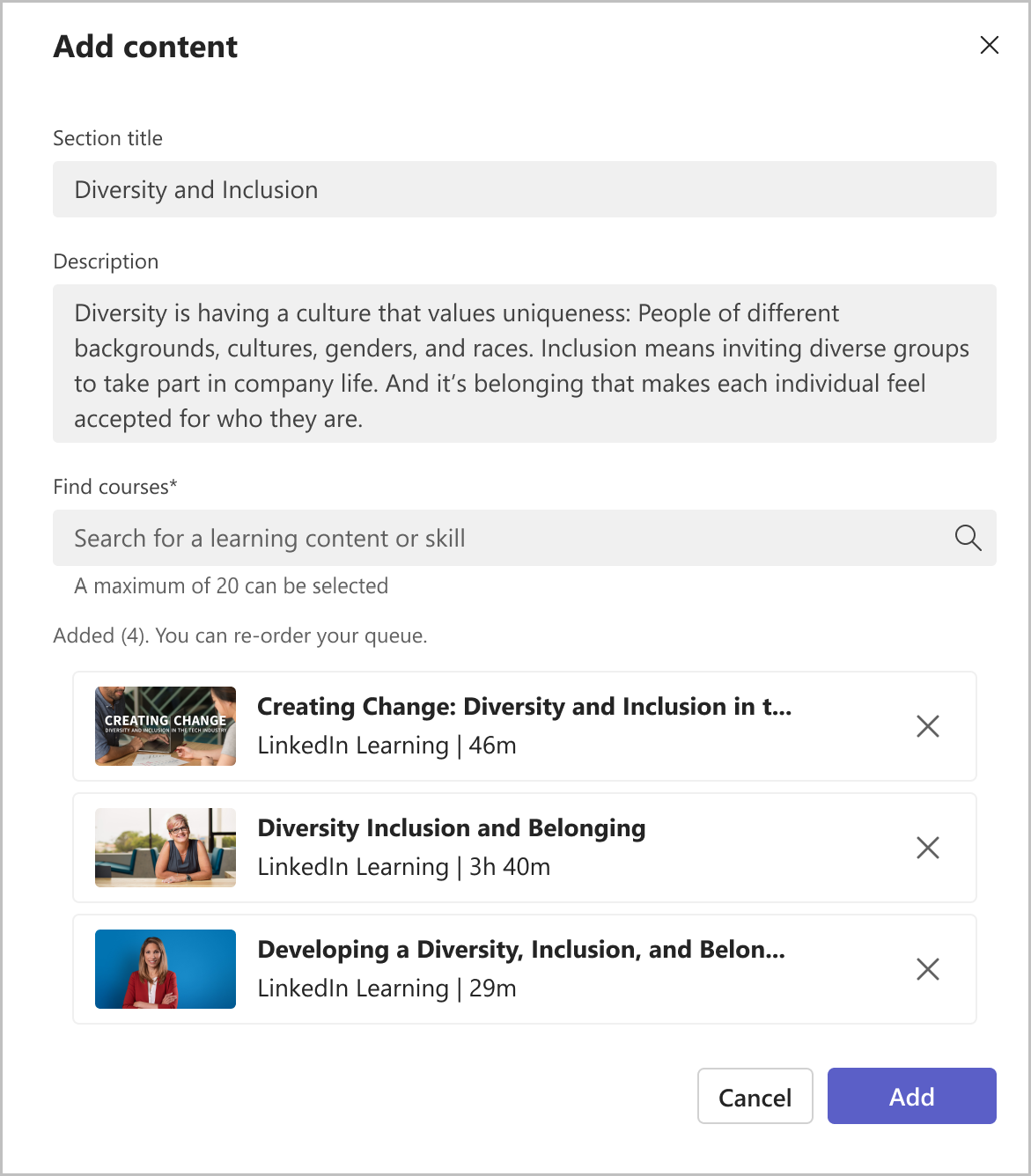 Image of add content view with section title, description, and search view for finding courses.