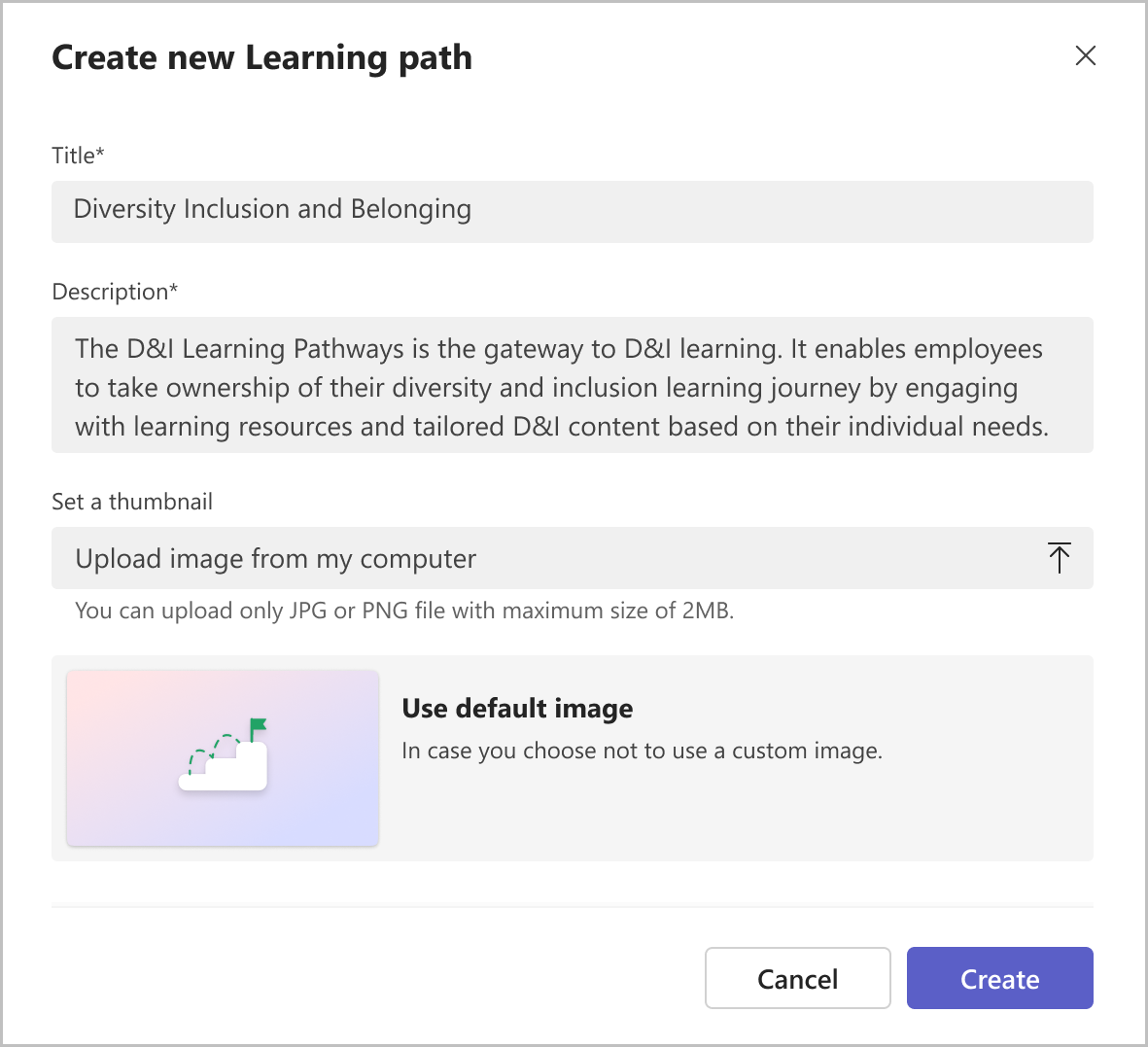 Image of create new Learning path description fields.