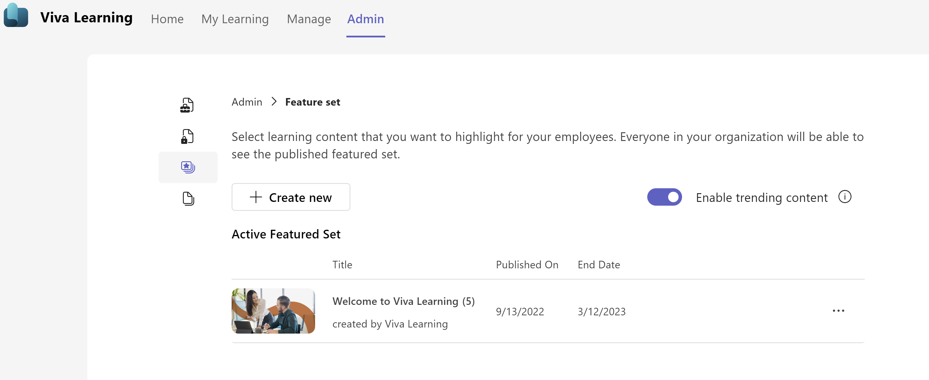 Screenshot shows the feature set inside the new admin tab for Viva Learning.