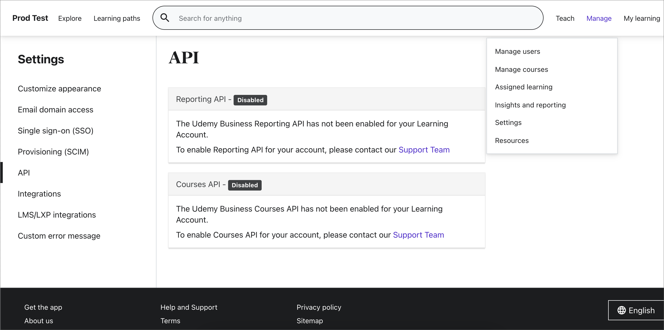 Image of the API settings page.