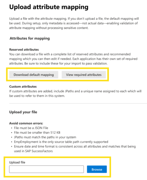Screenshot that shows how to upload the attribute mapping.