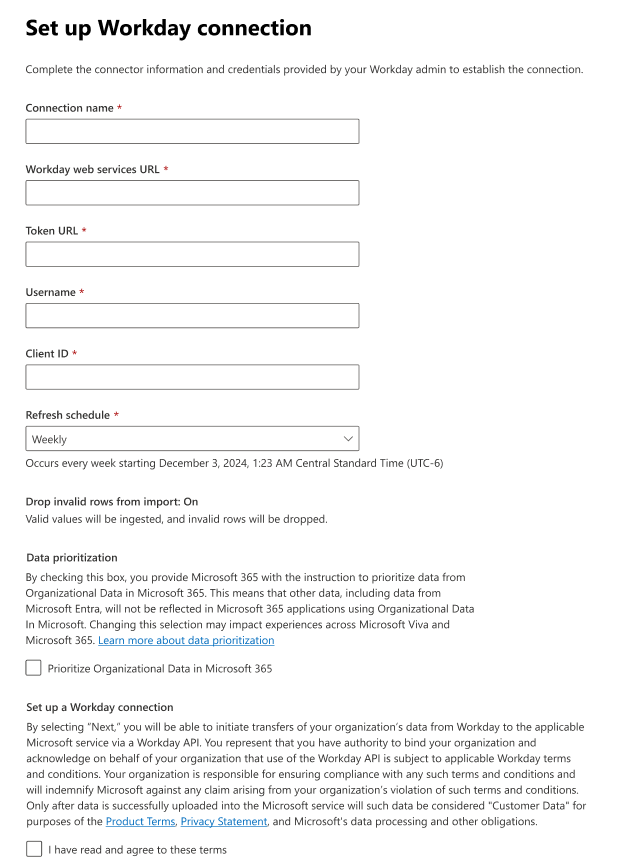 Screenshot of the page to set up the connection.