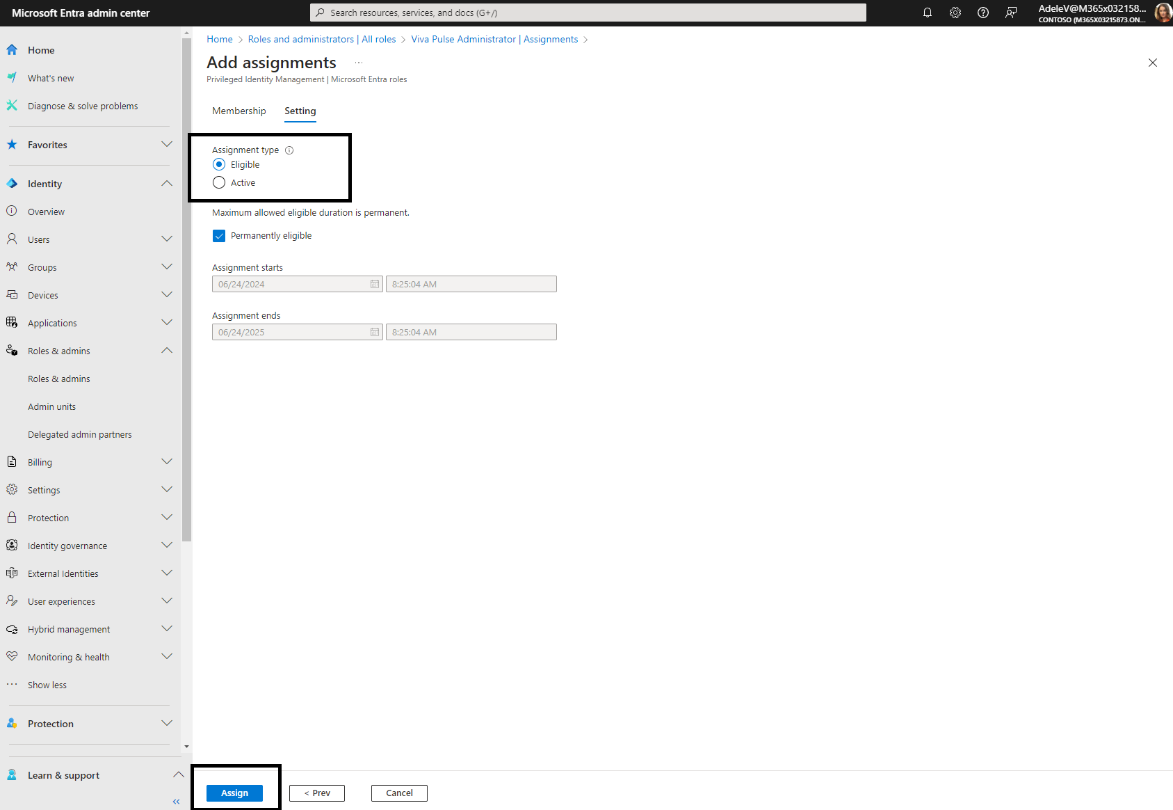 Screenshot of the Entra admin center where you choose assignment type.