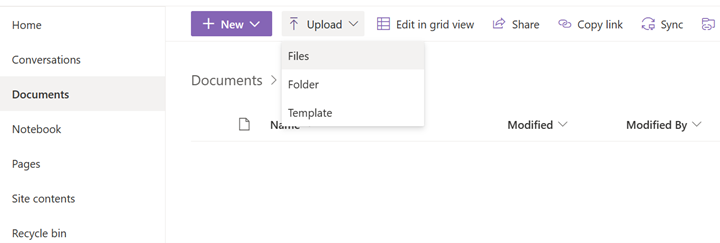 A screenshot shows the Upload menu in SharePoint.