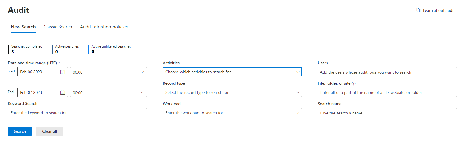 Screen shot showing the Audit Log Search dialog box.