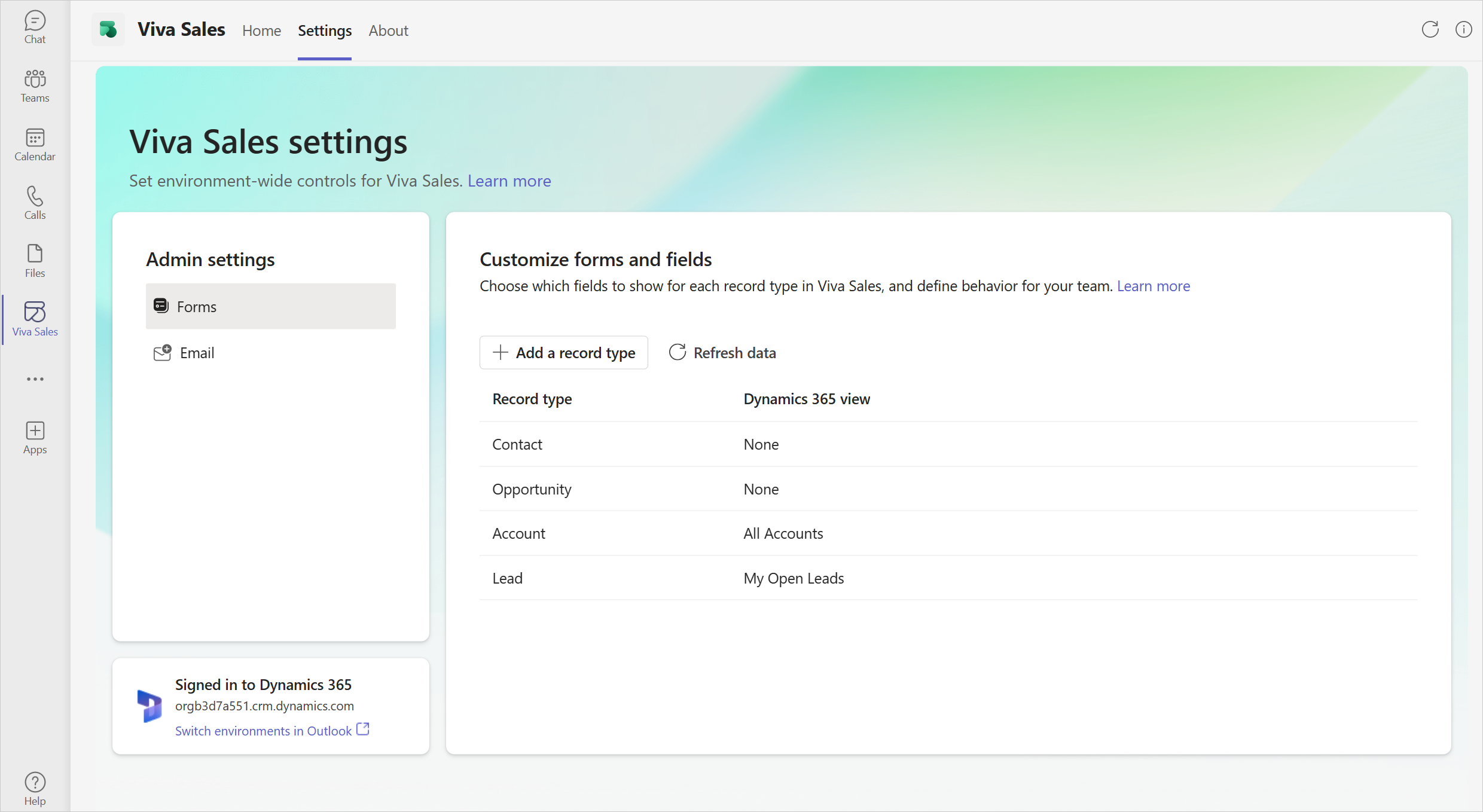 Screenshot of the Copilot for Sales Settings tab in Teams.