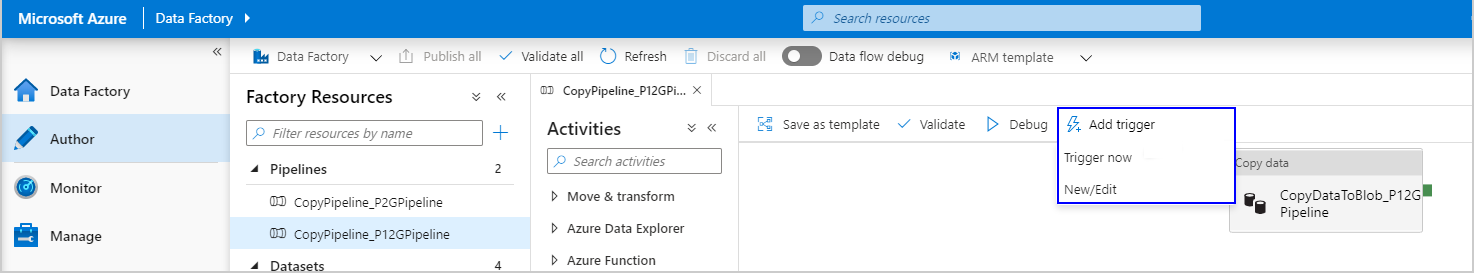 Screenshot that shows the Azure Data Factory screen and manually triggering the pipeline.