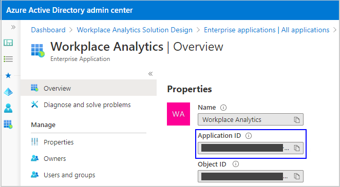 Screenshot that shows the Workplace Analytics Application ID screen.