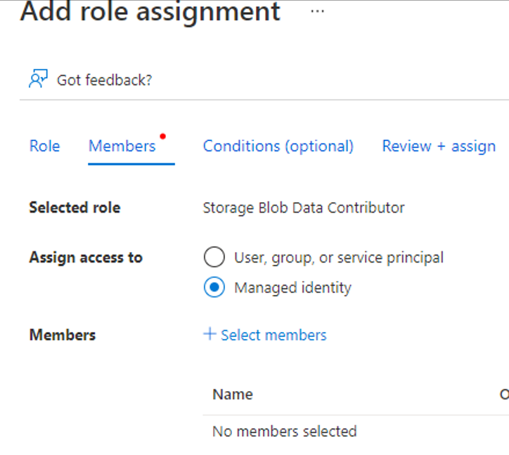 Screenshot of the Add role assignment page, Members tab, with Managed identity radio button selected under Assign access to.
