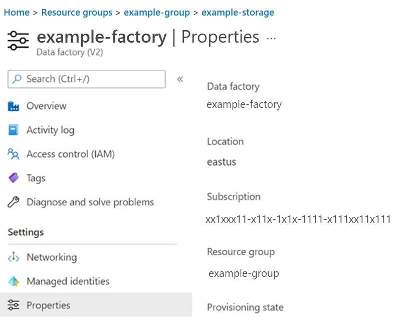 Screenshot that shows the data factory Properties screen.