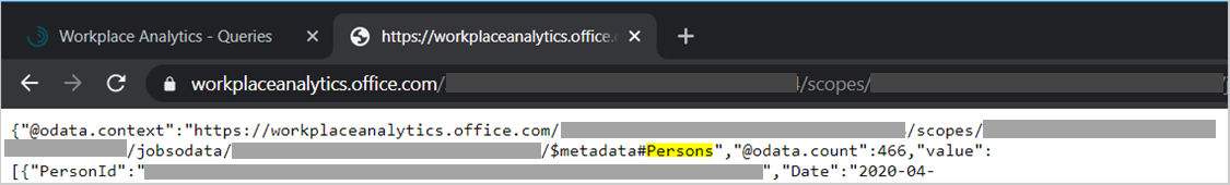 Screenshot that shows the finding the Persons field in query results in the browser.