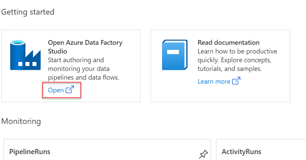 Screenshot that shows the Getting started pane with the Open option highlighted in the Open Azure Data  Factory Studio.