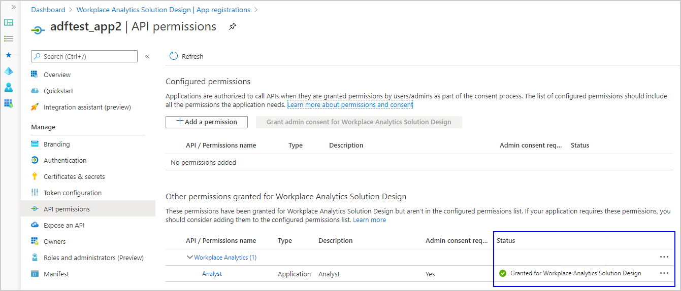 Screenshot that shows the app API permissions screen.