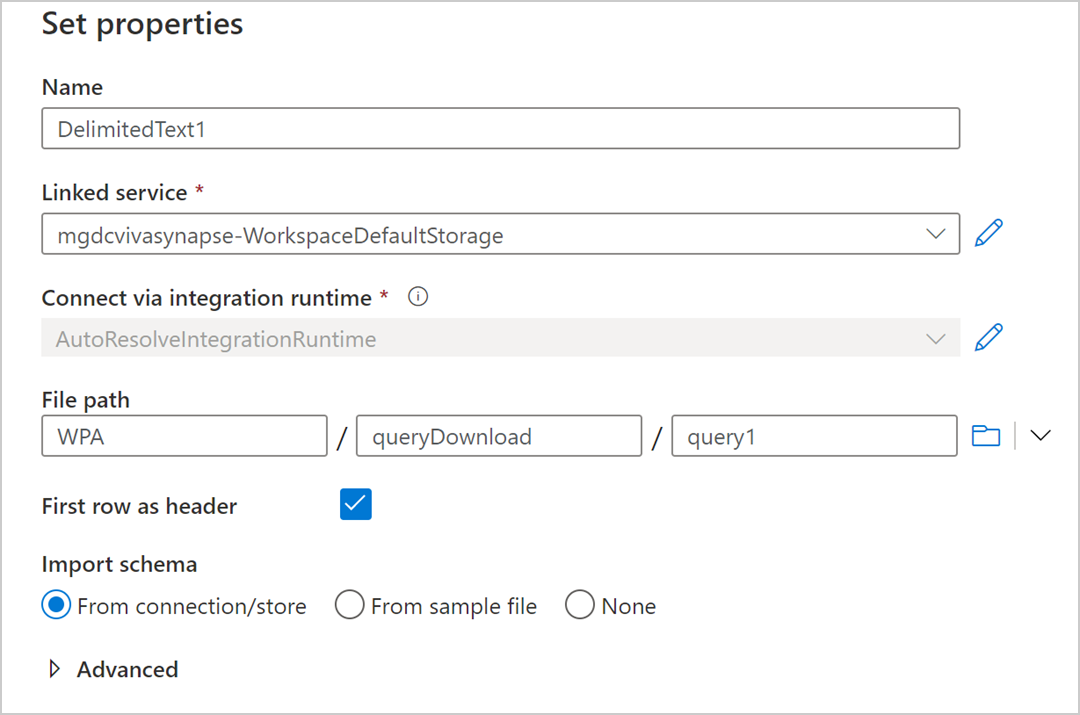 Screenshot that shows creating the File path destination for Synapse in the Set properties screen.