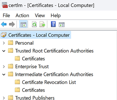 Screenshot that shows the certificate hierarchy on Local Computer.
