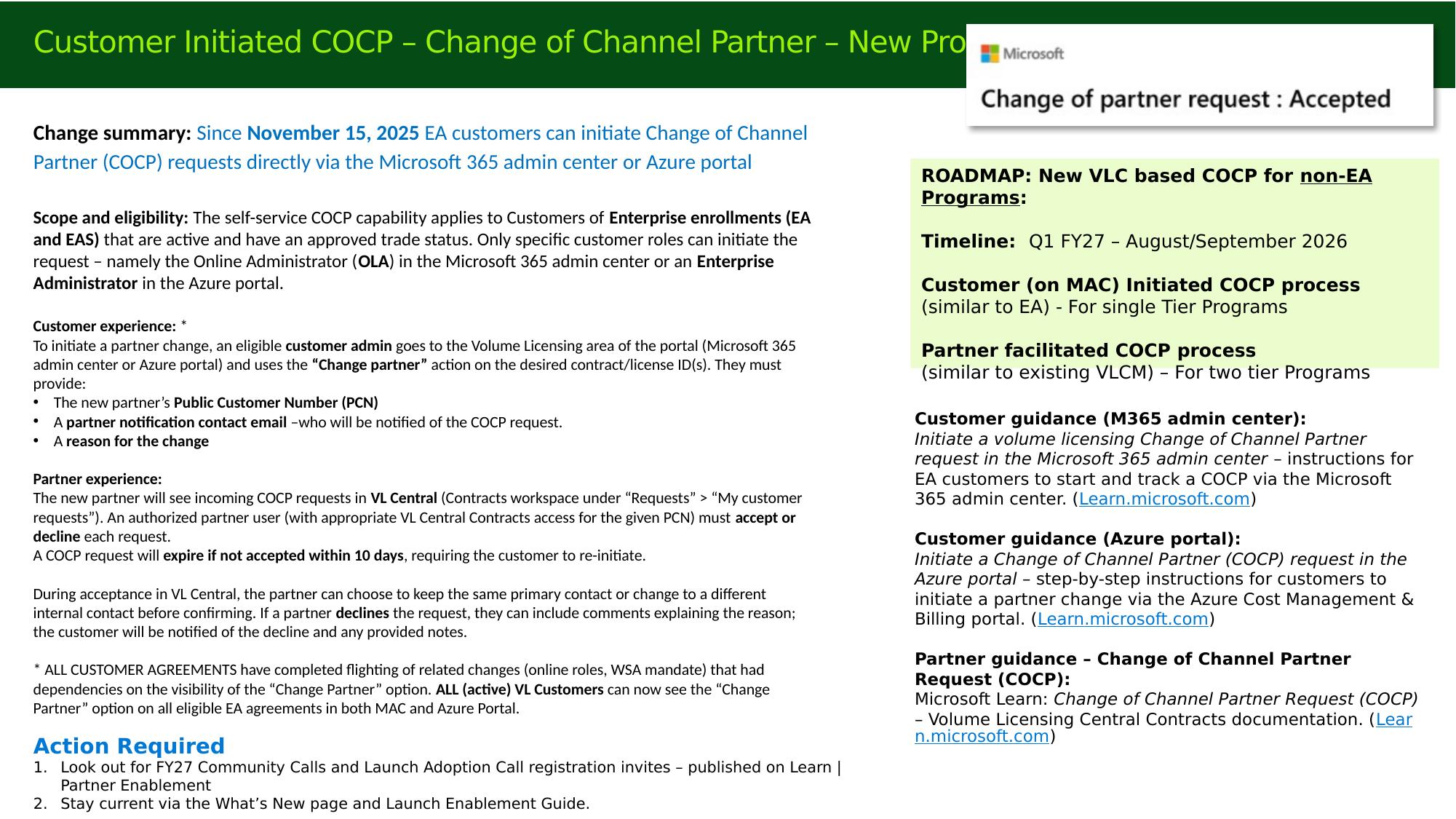 Customer-initiated COCP — new process