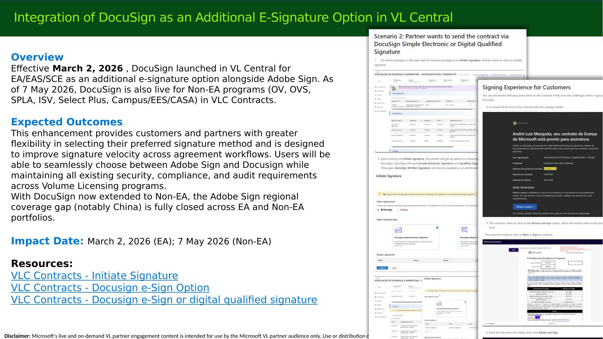 DocuSign e-signature option in VL Central
