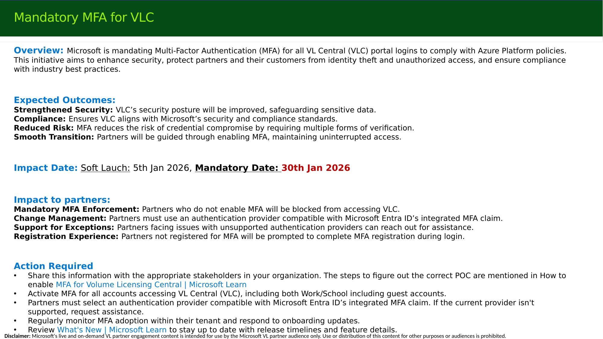 Mandatory MFA for VL Central