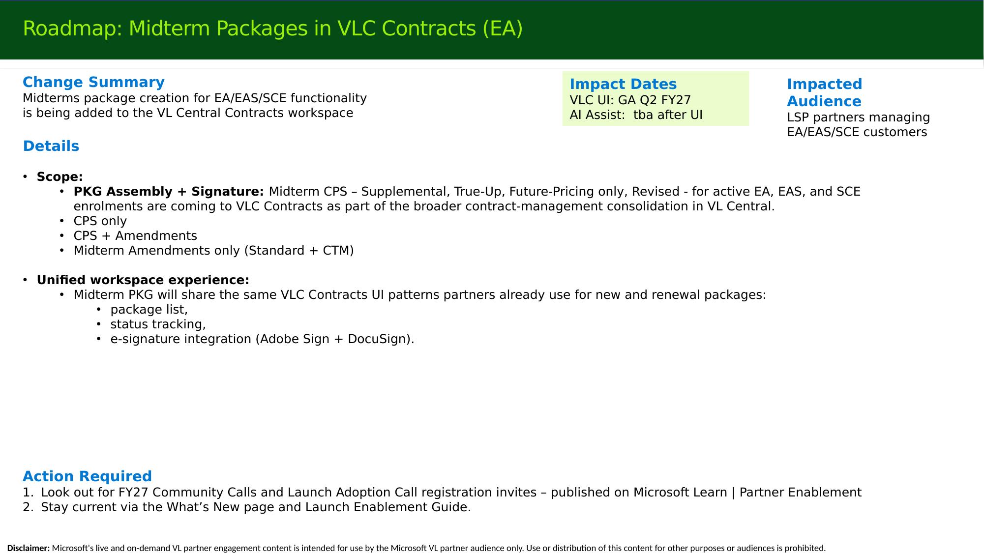 Midterm packages roadmap in VL Central