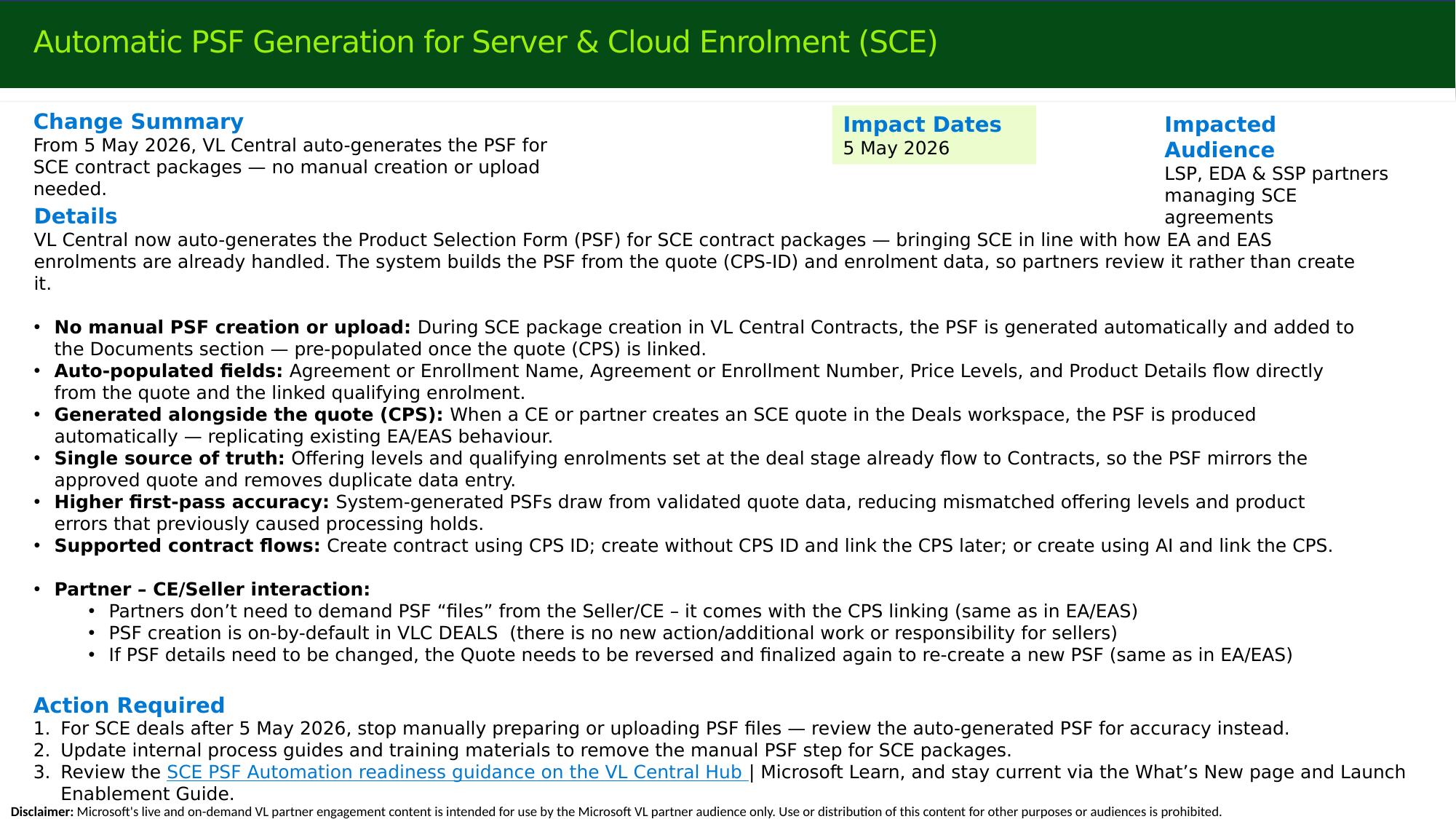 Automatic PSF generation for SCE