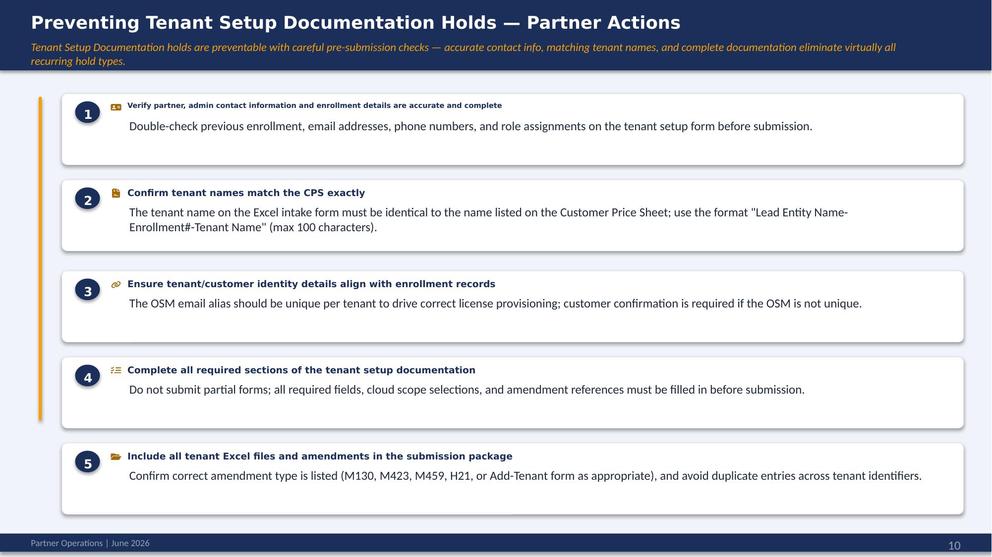 Preventing tenant setup holds — partner actions