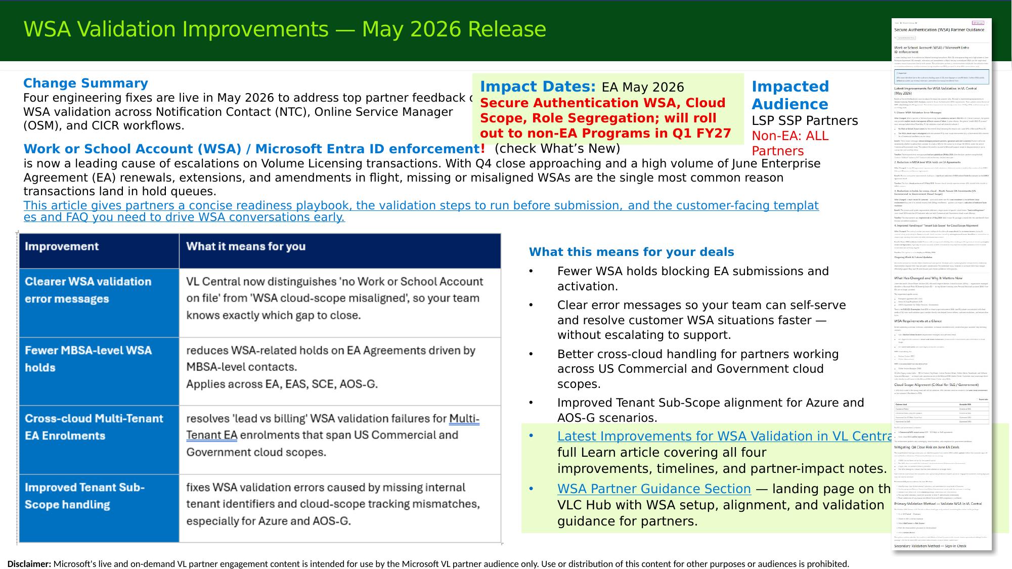 WSA validation improvements — May 2026