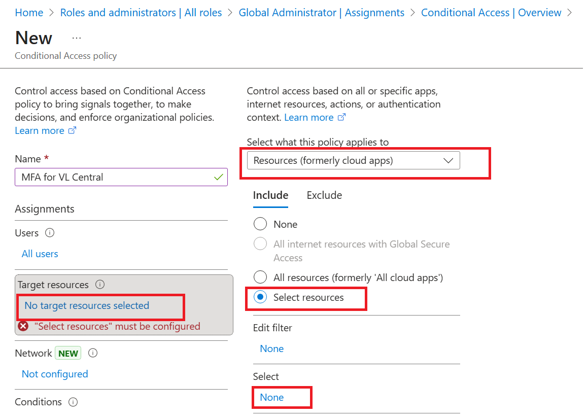Conditional Access - Select resources