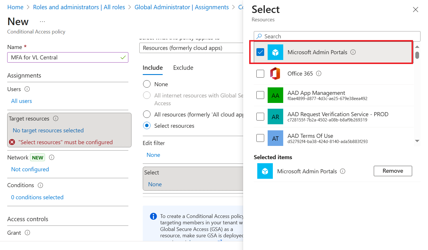 Conditional Access - Select Application
