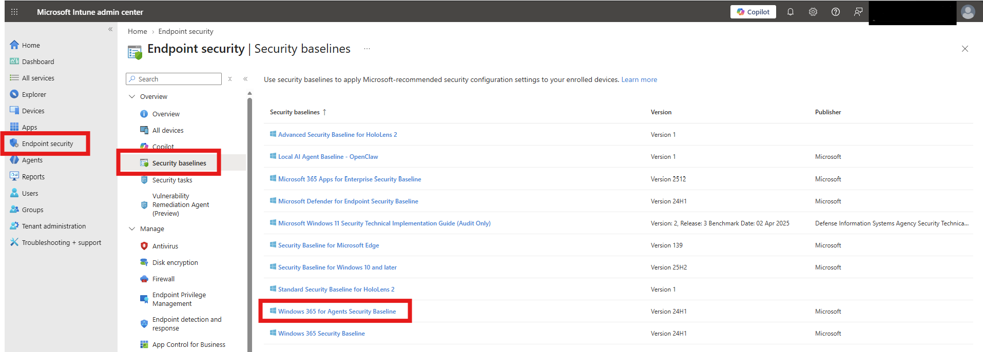 Screenshot that shows Security Baseline for Agents.