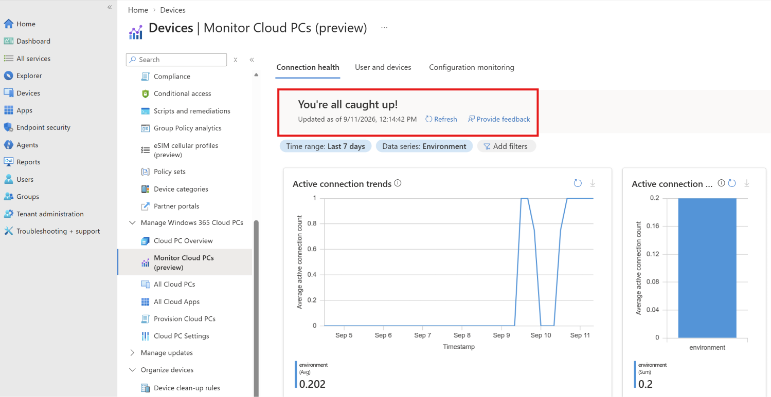 Screenshot that shows admin insights in monitor cloud pcs.