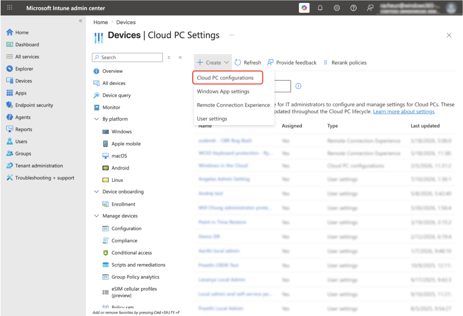 Screenshot that shows Cloud PC configurations in Intune.