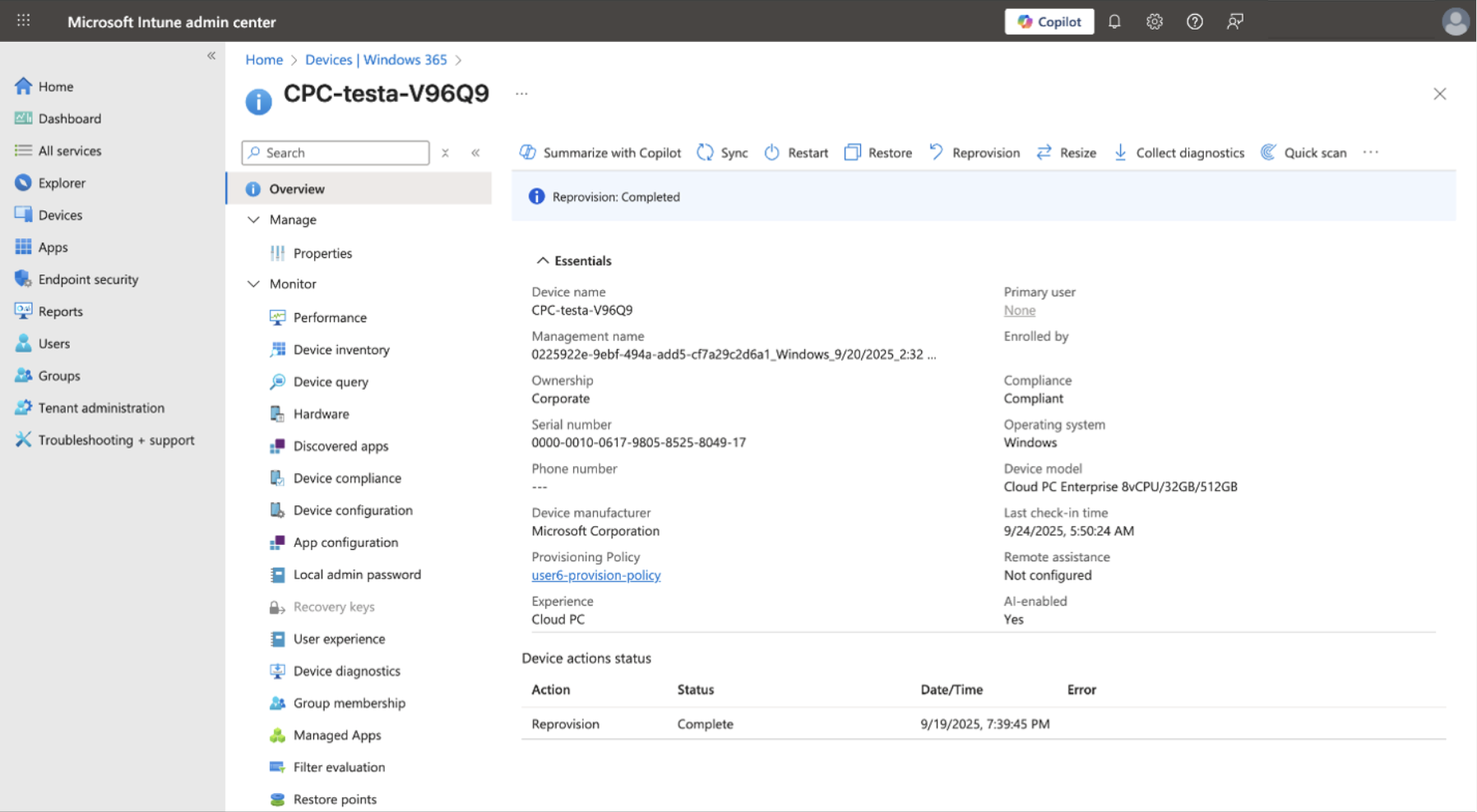 Screen shot of device overview page showing the AI-enabled value.