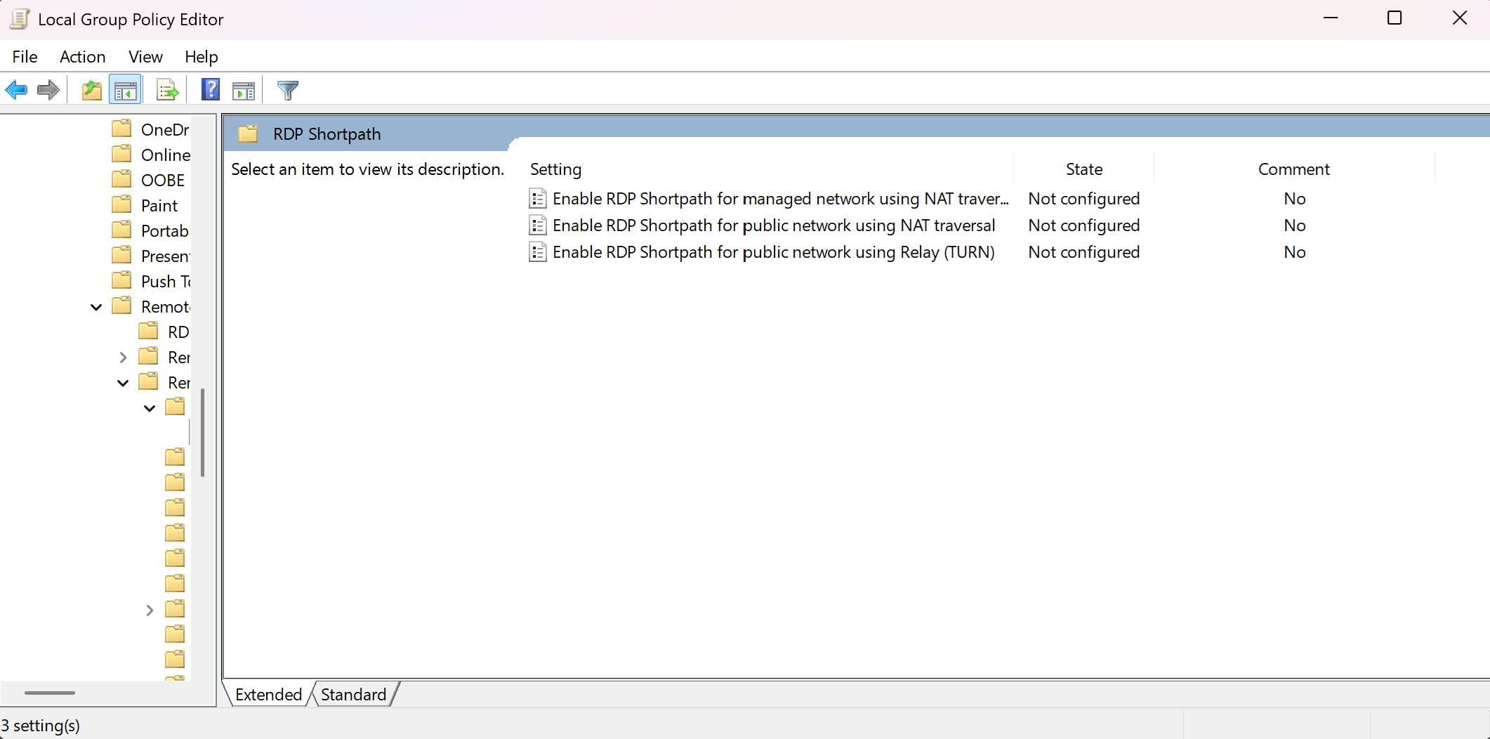 Screenshot that shows RDP configuration options in group policy.
