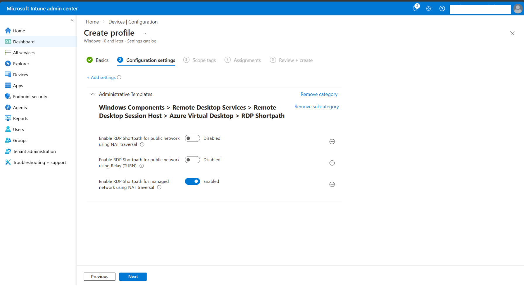Screenshot that shows RDP configuration in Intune.